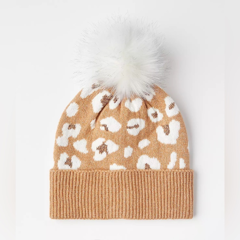 LOFT NWT‎ Leopard Metallic Faux Fur Pom Pom Foldover Beanie